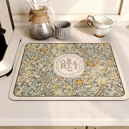 Image of HomeCloud Super Absorbent Dish Drying Mat for Kitchen Counter - Non-Slip, Heat-Resistant Rack Pad - Hides Stains, Ideal for Dishes, Coffee Maker & Kitchen Appliances (Beige Botanica, 50x40 cm)