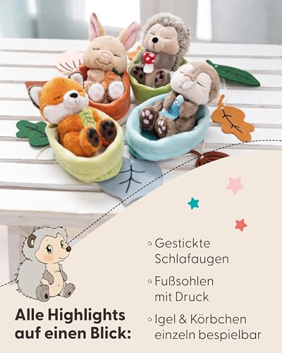 NICI Kuscheltier Igel mit Fliegenpilz schlafend im Körbchen - braun - Stofftier aus weichem Plüsch, niedliches Plüschtier zum Kuscheln und Spielen, für Kinder & Erwachsene - 61583