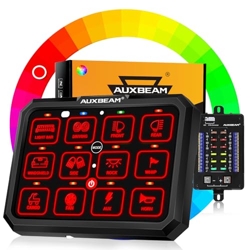 Auxbeam 12 Gang Switch Panel RGB RB120 Toggle Momentary Pulsed Dimmable Backlight Multifunction Switch Panel Two Sided Output for 12-24V Truck Offroad UTV ATV Car Marine Waterproof 2 Years Warranty