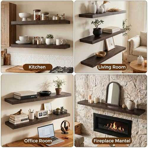 Image of Dreamland 72 Inch Floating Shelves for Wall, Solid Elm Wood Wall Shelves for Living Room, Bedroom, Kitchen, Bathroom, Wall Mounted Long Floating Shelf Set of 1, Walnut Color