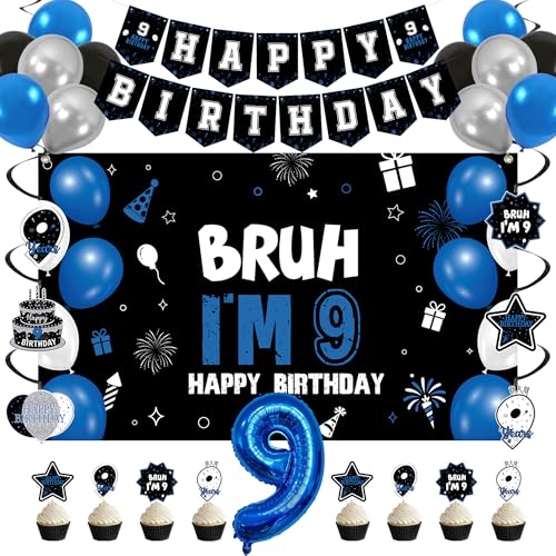 Vlipoeasn 9th Birthday Decorations Set for Boys Girls 35PCS Black Blue 9 Year Old Birthday Backdrop Banner Bruh Im 9 Party Supplies