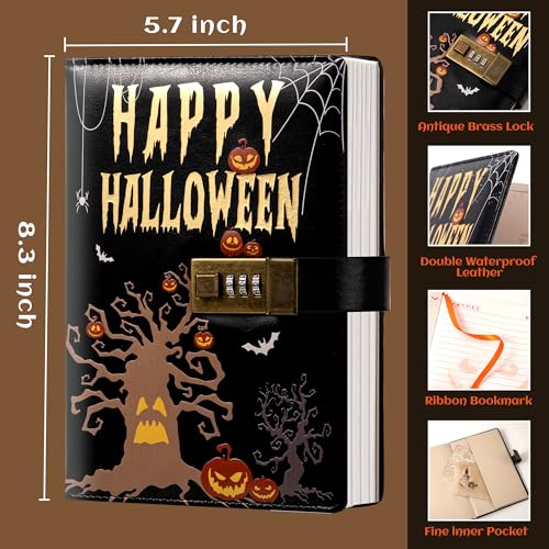 CAGIE Journal with Lock for Women Men, A5 Locked Journal with Pumpkin Pen Set, Halloween Notebook with Combination Lock 192 Pages Diary with Lock, 5.7x 8.3 Inches, Black — view 2