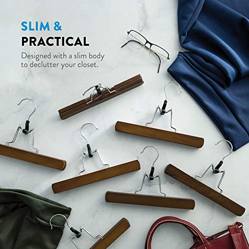 High-Grade Wooden Pants Hangers With Clips 10 Pack Non Slip Skirt Hangers, Smooth Finish Solid Wood Jeans/Slack Hanger With 360° Swivel Hook - Pants Clip Hangers For Skirts, Slacks - Clamp Hangers #TOP7
