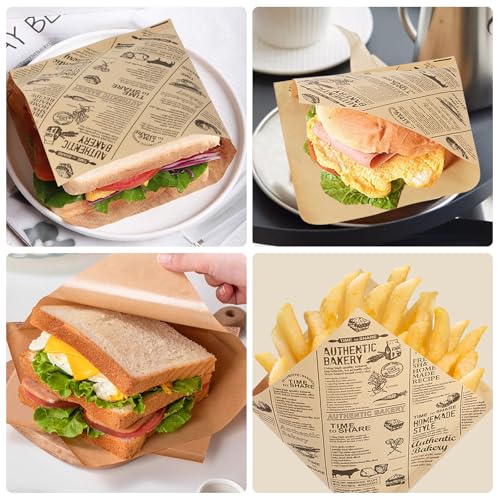 Amentalove 150 Stück Deli Papierblätter, Burger Papier, Burger Tüten, Sandwich Papier, Sandwich Tüten, Snacktaschen, Pommes Papiers für Korb, Wrap Papiers für Pommes Frites (15 x 15 cm)
