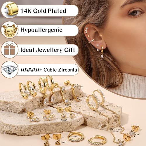 Small Gold Hoop Earrings Set for Women - 14K Gold Plated Hypoallergenic Huggie Hoop Studs Earring Stacks for Sensitive Ears - Cartilage Earring Sets for Multiple Piercing 8 Pairs3