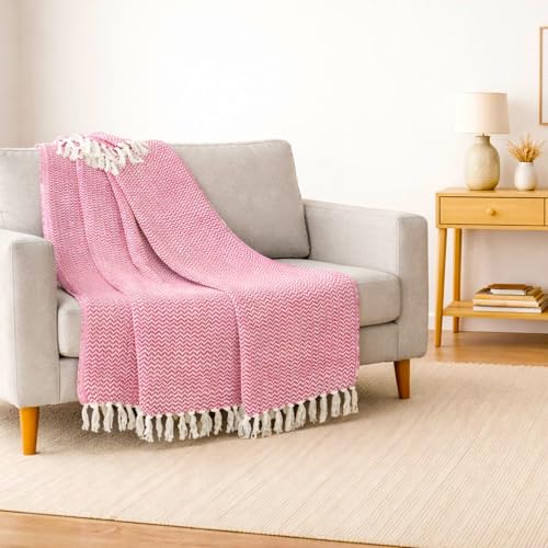 Image of Chevron 60x50 Inch Reversible Cotton Throw Blanket with Tassels| Blanket for Living Room, Sofa, Bed, Chair, Picnic & Used for Gift | Pink Narrow Chevron, Size 150x125 cm