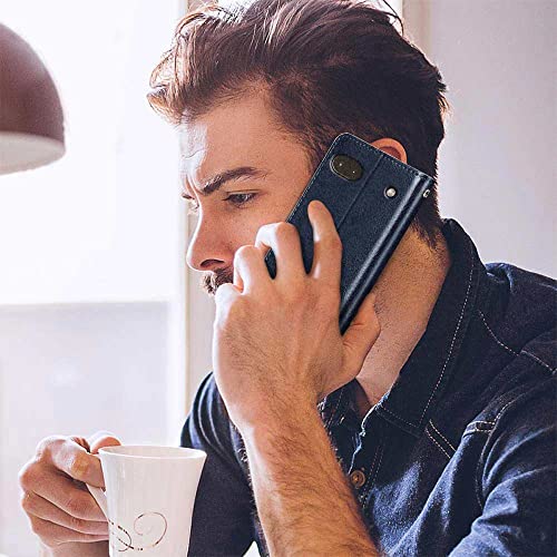 Image of FLIPPED Vegan Leather Flip Case Back Cover for Google Pixel 6A (Flexible, Shock Proof | Hand Stitched Leather Finish | Card Pockets Wallet & Stand | Blue with Brown)