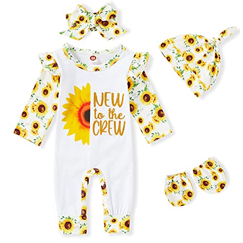 Image of GRNSHTS Baby Newborn Girl Romper Infant Letter Print Bodysuit Jumpsuit+Hat+Headband Coming Home Clothes Outfit Set