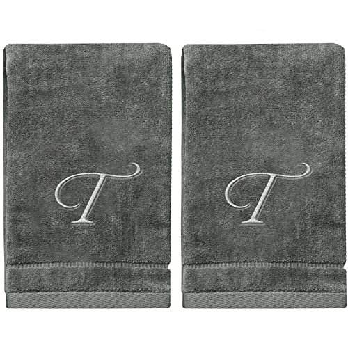 Monogrammierte Handtücher, Fingerspitze, personalisiertes Geschenk, 28.9 x 45.7 cm, 2 Stück, silberfarbene bestickte Handtücher, extra saugfähig, für Badezimmer/Küche/Spa, Initiale T (grau) Cover