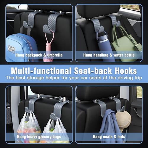 Image of 4-Pack Car Headrest Hooks Holds 55lbs Seat Storage Organizer for Bags | Durable ABS Material, 360 Rotating, Car Hanger for Backpack Umbrella Water Bottle Coat Handbags Groceries, Checkered Grey