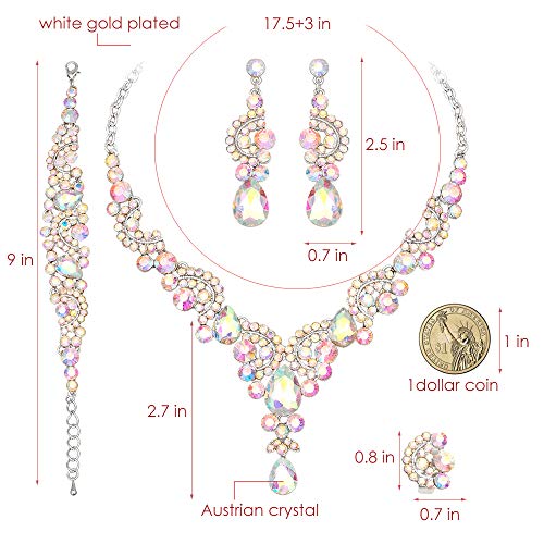 CSY Elegant Iridescent Crystal Necklace Earrings Bracelet Ring Bridal Wedding Costume Jewelry Sets for Brides Women Gifts (Iridescent AB Crystal - Silver tone) - Image 3