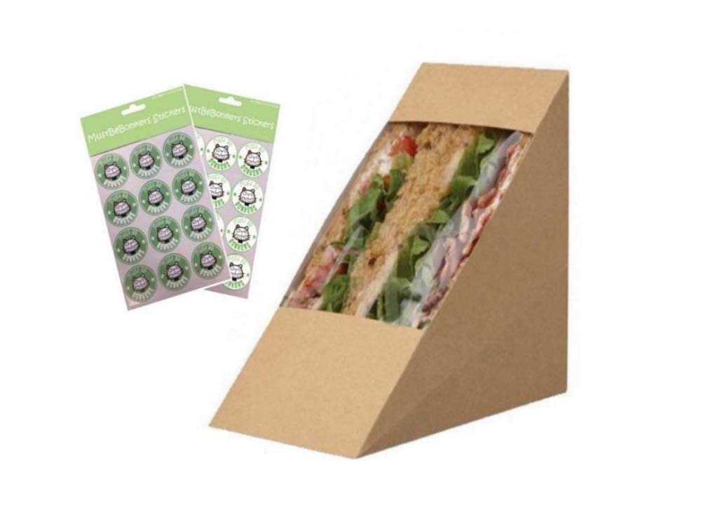 Kraft Recyclable Cardboard Sandwich Wedge - Cafe Takeaway Packs - Deep Fill Large Wedges With Seal Stickers (40)