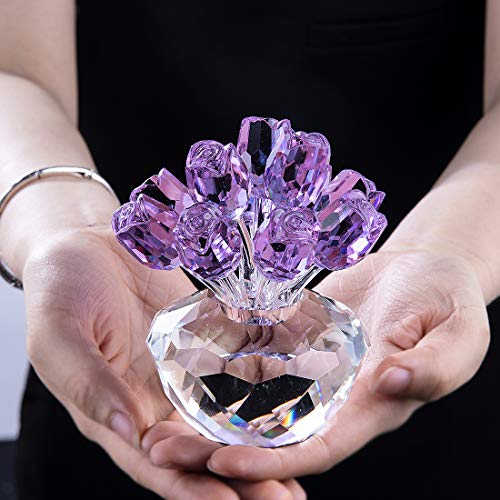 H&D Purple Crystal Rose Bouquet Flowers Crystal Figurines Collectibles Ornament Gifts