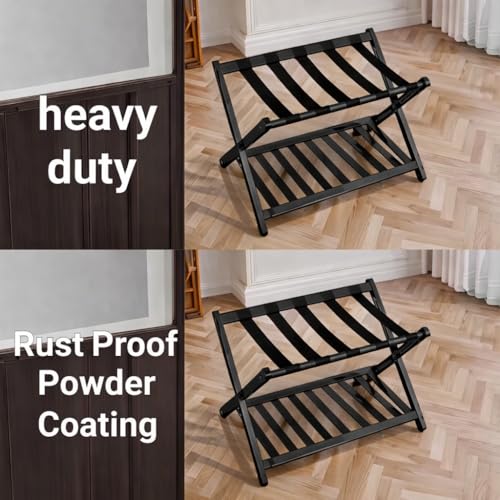 Image of Folding Luggage Rack for Guest Room Foldable luggage Racks for Suitcase Stand with Nylon Straps, Luggage Stand Double Tiers Metal Luggage Holder with Shelf for Bedroom, Hotel, No Assembly Required (Metal black powder coating)