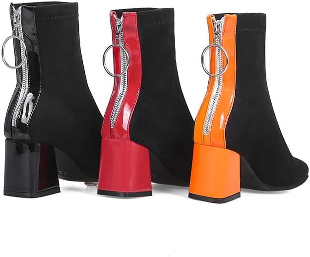 Joojaky Square Toe Fashion Ankle Booties Chunky Heel Patchwork Back Zipper Short Boots