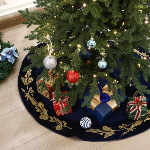 Sonwyoung 36 Inch Christmas Tree Skirt Velvet Xmas Tree Skirt with Gold Embroidery Holly Leaf Decorations for Christmas Party Favors Holiday New Year Decor(Blue) by Sonwyoung - Used condition - US$16.41