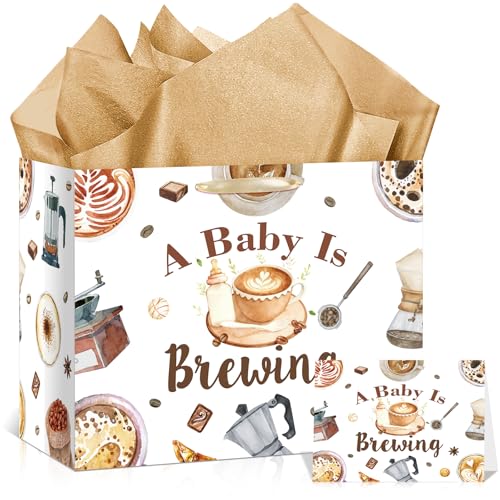 Frakron A Baby Is Brewing Gift Bag for Baby Shower Boys Girls with Card & Wrapping Tissue Paper Large Watercolor Coffee Bean Latte Theme Neutral Gender Reveal Mom to Be Party Supplies Favors