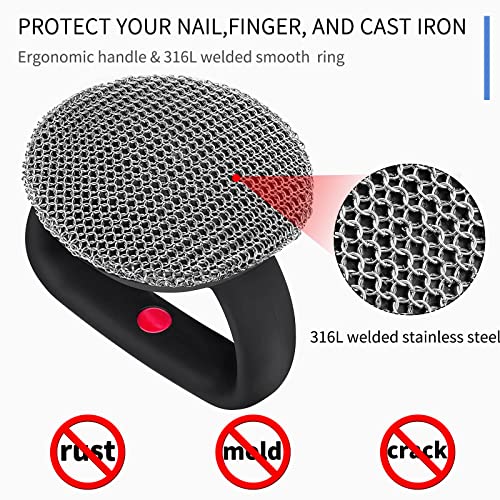 Image of Cast Iron Cleaner Scrubber with Heavy Duty Handle, 3mm Welded Chain Mail Scrubber for Pan Pot Cleaning - Small Ring Metal Scourer Scrub to Clean Skillet, Oven, Griddle, Wok Brush