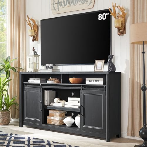 Image of Farmhouse TV Stand for Living Room, Large Black Entertainment Center with Storage, TV Console for Bedroom, TV Stand with Sliding Barn Door Television Stands for 80 Inch TV, 38 Inch Tall Media Cabinet