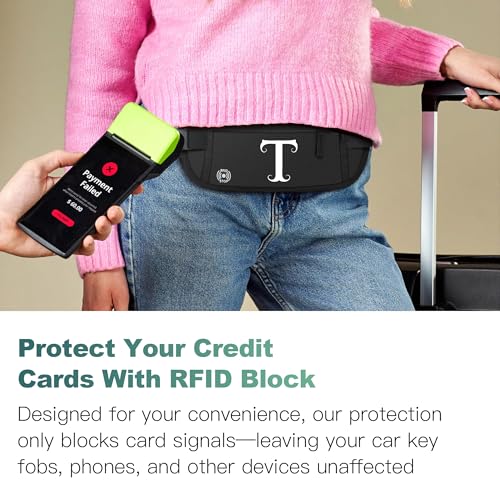 Image of Travel Money Belt, Personalized Initials Passport Holder with Anti Theft RFID Protection, Slim Travel Wallet for Women & Men, Travel Fanny Pack for Travel Essentials-Letter M, Black