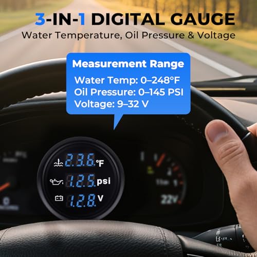 WODHMIEY 3 in 1 Gauge Kit 52mm Digital Oil Pressure Gauge, Water Temperature Gauge, Voltmeter for Car Truck Boat RV Motorcycle, Automotive Gauge Kit with Oil Pressure Sensor, Universal 12V (BLUE1)