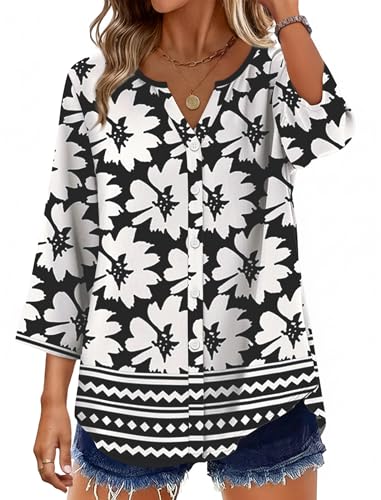 Image of OFEEFAN Button Down Shirts for Women 3 /4 Length Sleeve Tops V Neck Blouses Business Casual Outfits Loose Fit