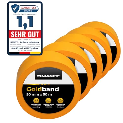 HASKYY Goldband Malerkrepp Kreppband 5x Malerband 50mm x 50m Profi Abdeckband Malertape Klebeband Tape Gold Papiertape Selbstklebend