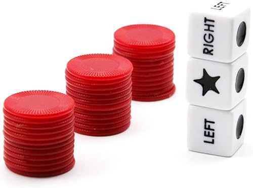 Miniatura 9 de Juego de dados de centro derecho izquierdo con 3 dados + 36 fichas (3 juegos - rojo, verde + azul)