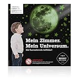 Glow in the dark: 366 fluoreszierende Aufkleber: 1 Mond (30cm) + 4 Raketen (5cm) + 4 Sterne (13cm) + 14 Sterne (5,5cm) + 15 Sterne (3,5cm) + 328 Punkte (9-7mm).