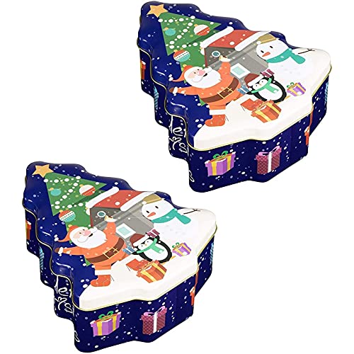 Juvale Christmas Tin Gift Box - 2-Set Tree-Shaped Cookie Candy Storage Containers with Lids for Confectioneries, Holiday Decor, Blue with Gold Lining, 6 x 7.25 x 2.6 Inches