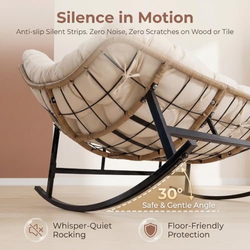 Image of NICESOUL Oversized Double Rocking Papasan Chair with Thick Cushion, 2 Person Big Wicker Outdoor Comfy Recliner, Extra Large Heavy Duty Egg Loveseat for Patio, Balcony, Backyard, Garden, Beige