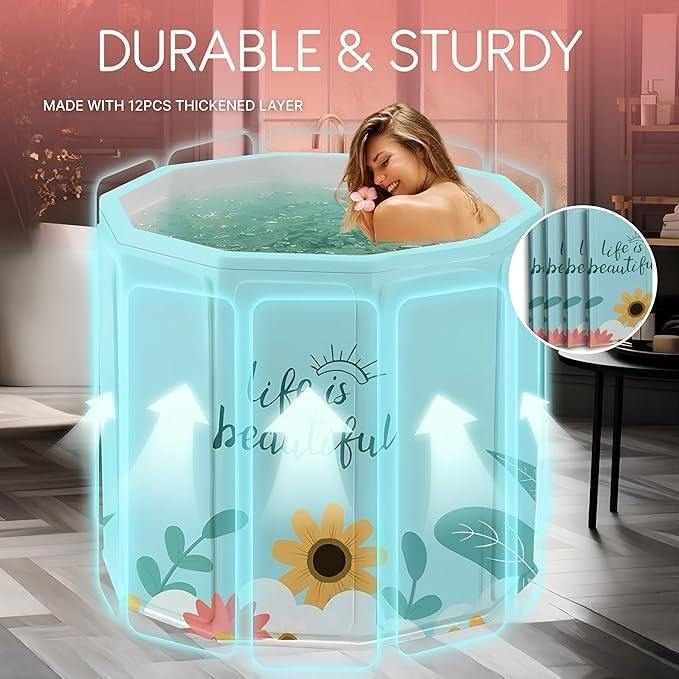 Image of Portable Foldable Bathtub for Adults & Kids | Large Size Soaking Tub | Thick Insulated Folding Bath Tub for Bathroom, Home Spa, Ice Bath & Relaxation free Standing bathtub (Beautiful Flower)