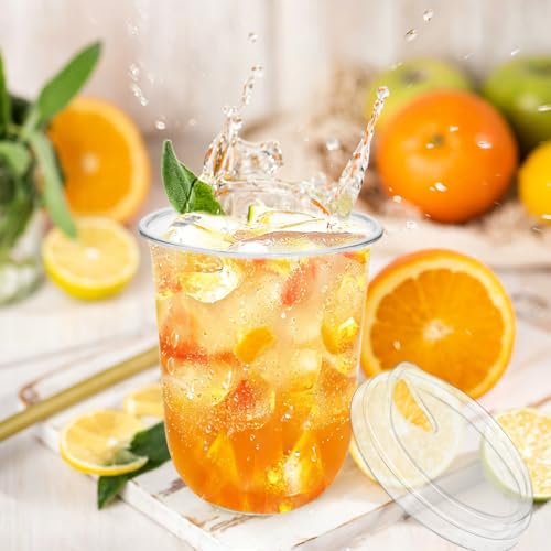 Image of 100 Sets 16 oz Clear Plastic Cups with Lids | Iced Coffee Cups, Disposable Round Bottom, For Cold Drinks, Smoothies, Juice, Milkshake, Wedding & Party Use