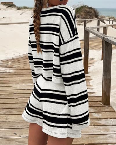 Langwyqu Womens Striped Pajama Sets Long Sleeve Crewneck Sweater Top and Shorts 2 Piece Outfits Lounge Sets4