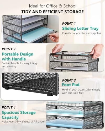 Image of WALI Desk File Organizer, 9 Tier Desktop Paper Letter Tray Organizer with Handle, Office Desk Accessories & Workspace Organizers for Office, Home, School Supplies, 1 Pack, Black