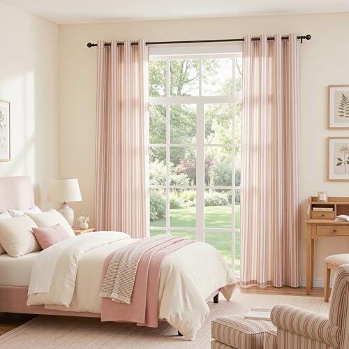 Image of MYSKY HOME Red Striped Patterned Curtains 96 Inches Long for Girls Bedroom Living Room Ticking Stripe Pinstripe Patterned Farmhouse Light Filtering Linen Blend Drapes, Grommet, 2 Panels, 52 inch Wide
