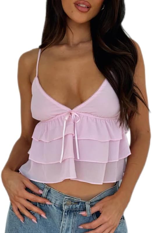 Argeousgor Women Y2k Ruched Ruffle Top Spaghetti Strap Backless