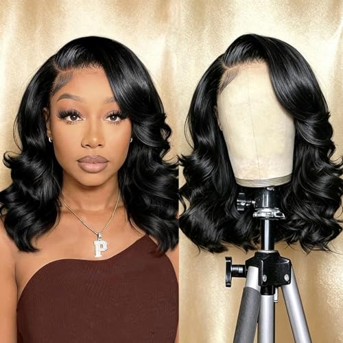 Douyin Bob Wig Human Hair 13x4 Lace Front Wigs Human Hair Pre Plucked Body Wave 180% Density 14 Inch HD Lace Frontal Short Glueless Wigs for Women (14 inch, Natural Black)