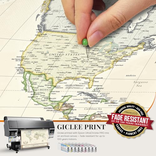 Image of DECORARTS - Large Personalized World Travel Map with Pins, Custom Name, Pin Board Canvas Wall Art, Colorful World Decor, Optional Wood Frame, Giclee Print, Handcrafted in USA, 35x28''