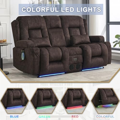 Image of URRED Power Loveseat Recliner Sofa with Massage and Heat,Brown | Wall Hugger Reclining Loveseat with Console, RV Couch Home Theater Seating with LED Lights for Living Room, Velvet Fabric