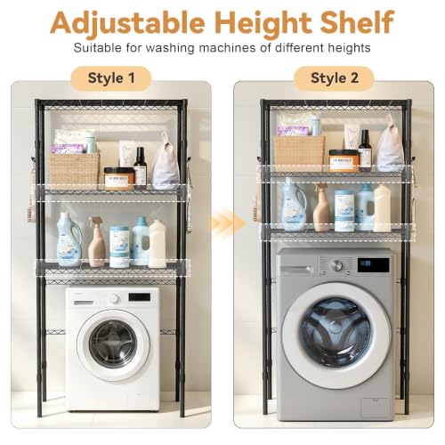 Image of 1 Set Over The Toilet Storage, 3-Tier Bathroom Laundry Storage Rack Space-Saving Organizer Household Supplies (Black-L)