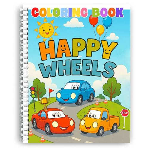 Libro da colorare - Happy Wheels: divertenti avventure di veicoli per bambini - Rilegato a spirale, perfetto per ragazzi e ragazze. Caratteristiche auto, camion, autobus e altro su strade stravaganti