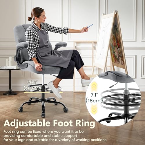 Image of Drafting Chair 500Lbs, Tall Office Chair for Standing Desk, Fabric Executive Office Chair with Flip-up Armrests, Ergonomic High Chair with Adjustable Foot Ring, Comfy Stool Chairs, Grey
