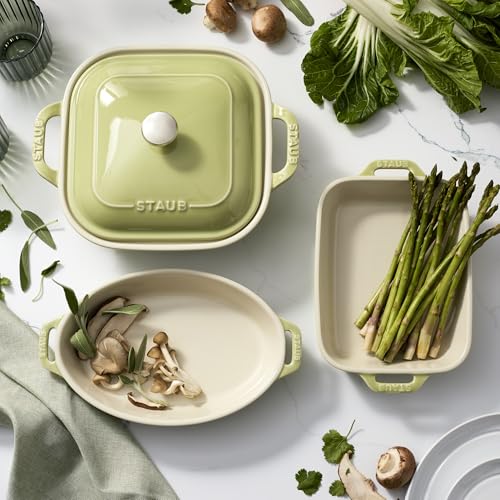 Image of Staub Ceramic 4-pc Baking Pans Set, Casserole Dish with Lid, Brownie Pan, Light Green