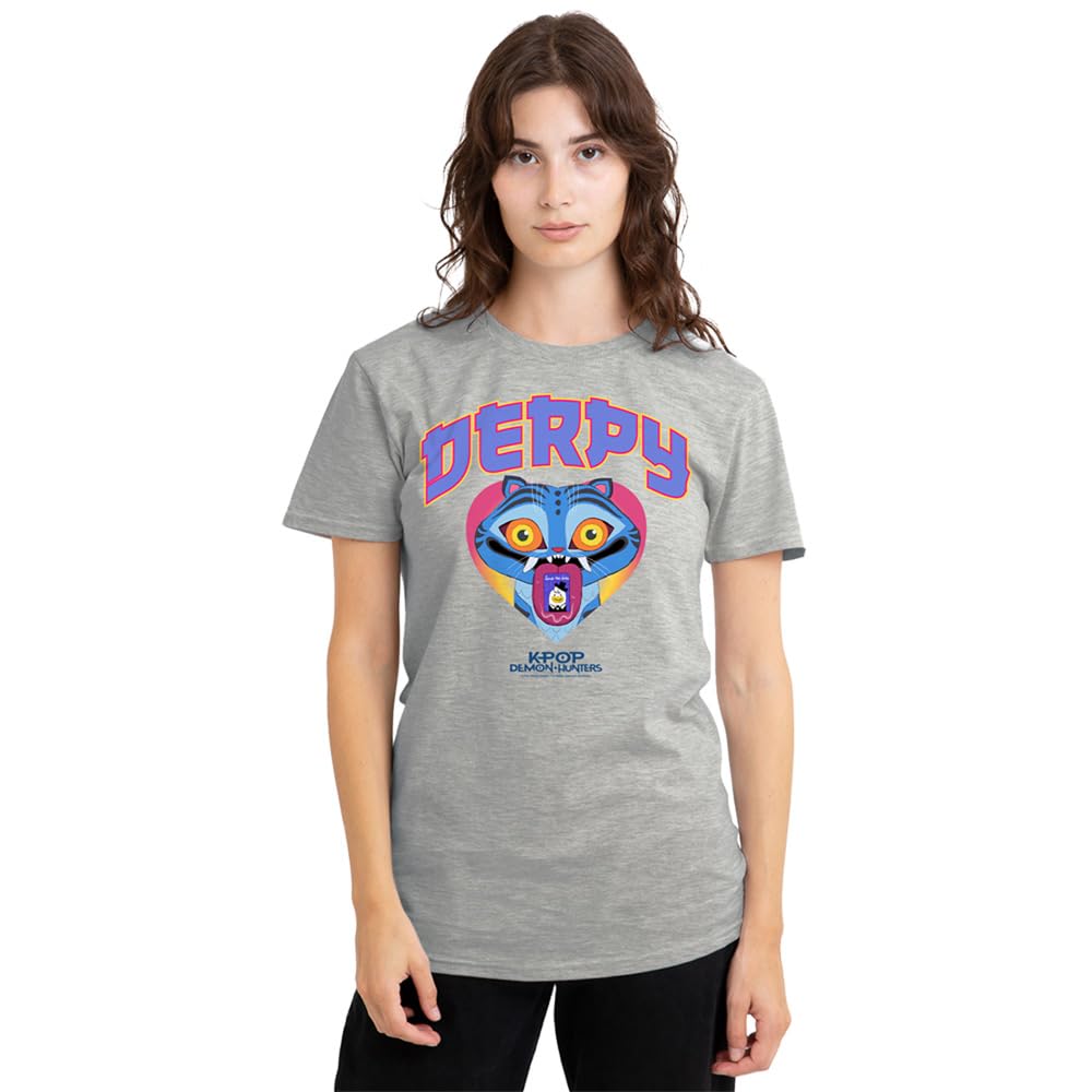 Kpop Demon Hunters Womens Derpy Collegic Ladies T-Shirt, Heather Grey, XL UK