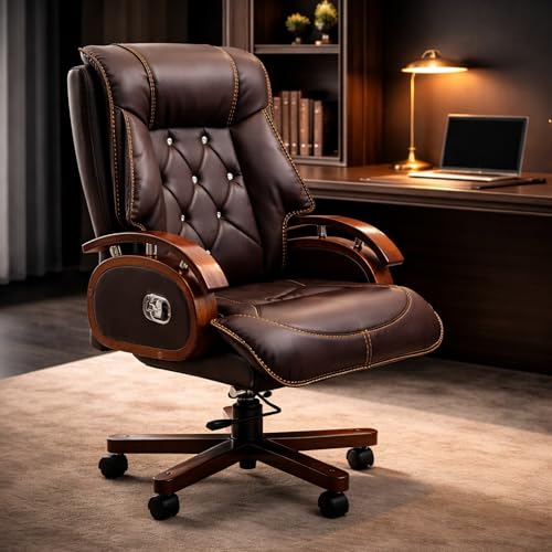 Image of Premium High Back Leatherette Wooden Base & Handle Office Chair for Director & Executive | Revolving Recliner, Soft Heavy Cushion, Brown Colour | 5 Year Warranty | Free Assembly