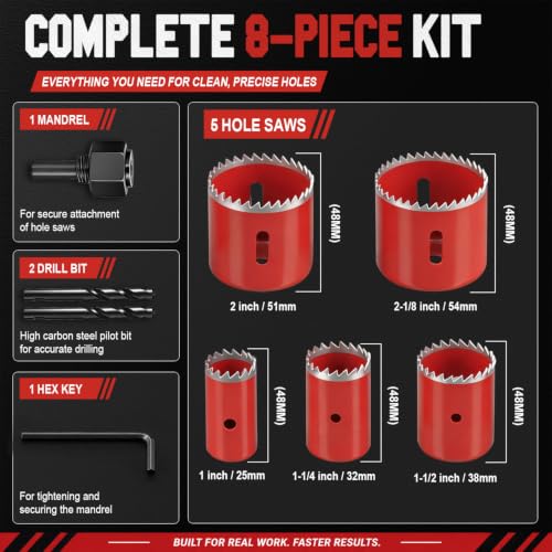 Image of KATA 8PCS Hole Saw Kit 1 inch-2-1 /8 inch Deep Cut 48mm for Wood, Plastic, Drywall | Hole Saw Set for Thicker Wood, Cabinet Panels and PVC, Carbon Steel Hole Cutter Drill Bit and Accessories in Storage Case