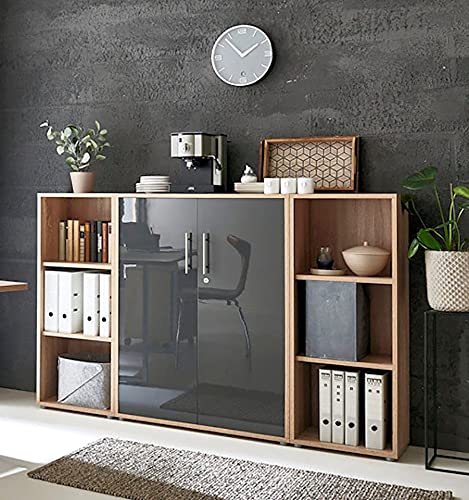Schrankwand Office Edition abschliessbarer Aktenschrank Büroschrank Büromöbel Regal in Eiche Sonoma/Anthrazit Hochglanz (Set 2)