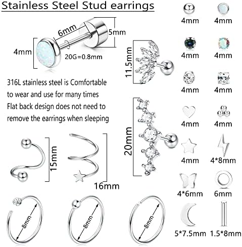 JeweBella 19Pairs Small Stud Earrings Set for Women Men Surgical Steel Flat Back Earrings Cartilage Hypoallergenic Piercing Earrings Star Moon Turquoise Zirconia Tiny Stud Hoop Helix Earrings Set