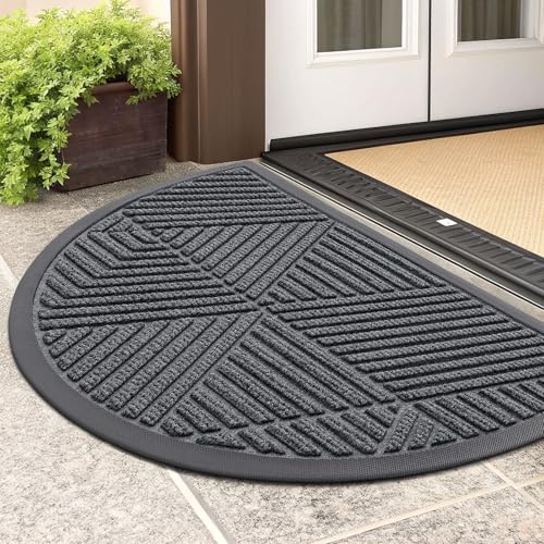 Image of Smiry Half Circle Front Door Mat Outside Entrance, Heavy Duty Sturdy Natural Rubber Doormat, Trap Dirt and Moisture, Low Profile Mats for Indoor Outdoor Entry, Irregular Triangle (29.5x17, Grey)